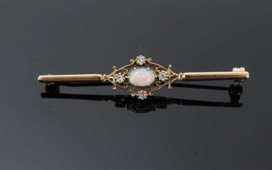 Edwardian-style opal and diamond bar brooch with an oval cabochon opal and four single cut diamonds