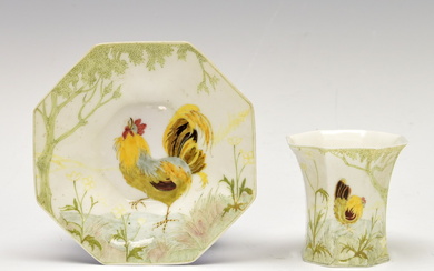 "Eggshell" cup and saucer with polychrome decoration of roosters in...