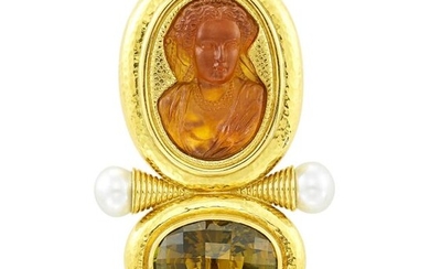 Elizabeth Gage Hammered Gold, Citrine Cameo, Smoky Quartz and Cultured Pearl Brooch