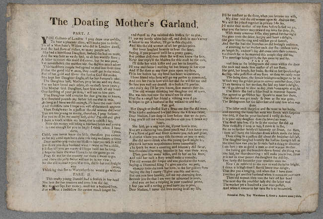 Ephemera.- Doating Mother's Garland (The), broadside poem, [c. 1830].