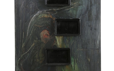 Erik A. Frandsen: “Du får 2500 ...”, 1988. Unsigned. Tiled and dated on an exhibition label on the reverse. Oil on canvas with plastic trays. 200×163 x 11 cm.