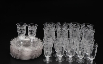 Etched Glass Goblets with Dessert Plates, Mid-20th Century