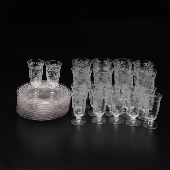 Etched Glass Goblets with Dessert Plates, Mid-20th Century