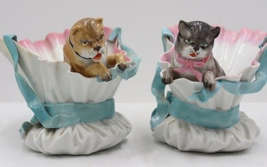 European Porcelain Spill Vases With Cat & Dog Pug