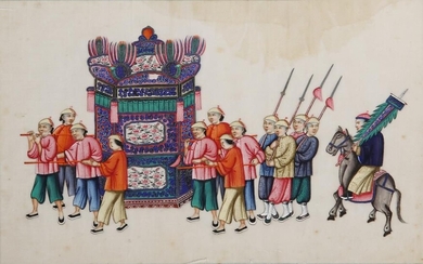 FIGURES ANONYMES (19e SIÈCLE) EN PROCESSION Six peintures chinoises, encre et couleur sur papier de...