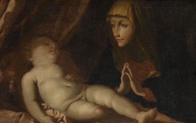 FOLLOWER OF GUIDO RENI (17th century) "The Virgin adoring the sleeping Child Jesus"