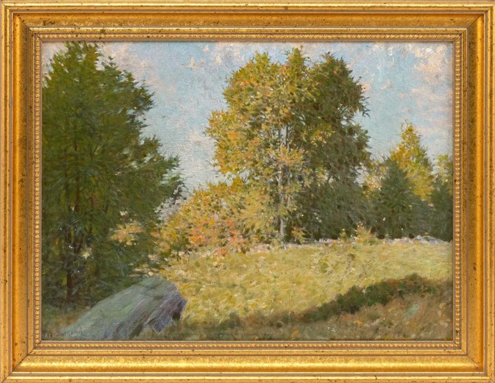 FRANK VINCENT DUMOND, New York/California, 1865-1951, "October",, Oil on board, 11.5" x 15.5". Framed 14" x 18".