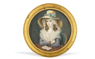 FRENCH SCHOOL (19TH CENTURY) Portrait miniature of a Lady, wearing a large straw hat adorned...