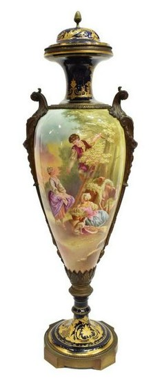 FRENCH SEVRES STYLE PAINTED PORCELAIN URN