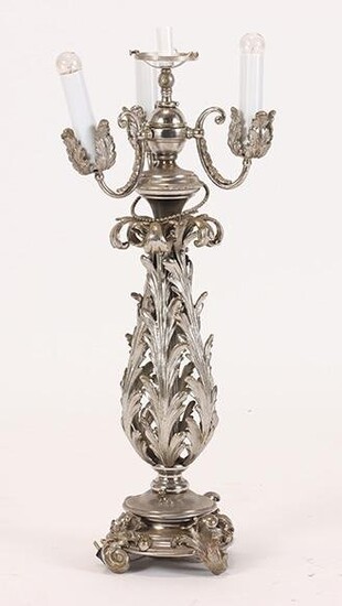 FRENCH SILVERED METAL CANDELABRA LAMP C.1900