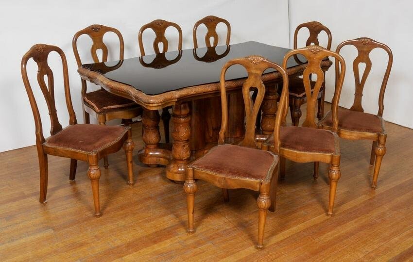 FRENCH WALNUT DINING TABLE & 8 CHAIRS
