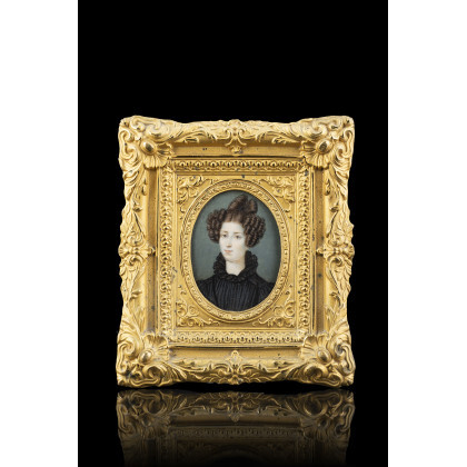 F.Roncalli (?)(19th-century) "Portrait of a gentlewoman" oval miniature on ivory (cm 5,5x4) In embossed metal frame (minor defects) This lot...