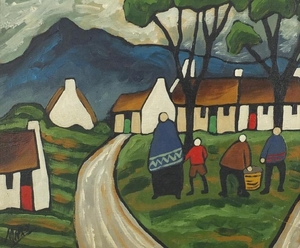 Figures and buildings before mountains, Irish school oil on ...