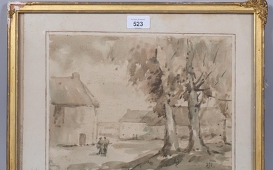 Figures near farm buildings, early 20th century watercolour,...