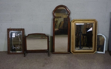 Five assorted mirrors, including an octagonal gilt framed wall mirror, a toilet mirror, with