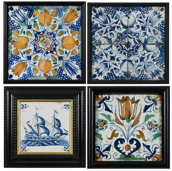 Four 17th Century Framed Panels of Delft Tiles