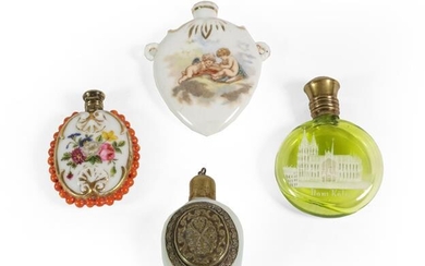 Four Various Scent-Bottles, comprising: a green glass example the front...