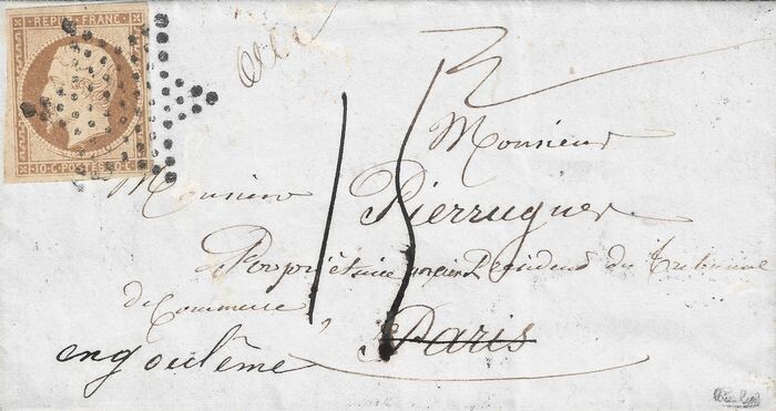 France 1852 - “Présidence” 10 centimes bistre brown on a postage due letter rate from Paris bound for the - Yvert 9a