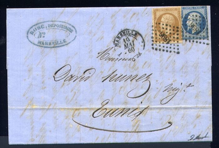 France 1860 - Rare letter from Marseille to Tunis by French route