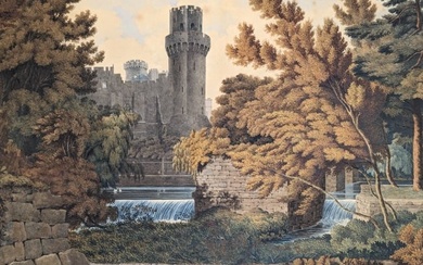 Franz Kaiserman. Swiss. Large gouache and watercolor painting depicting a castle by waterfalls in a