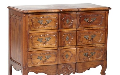 French Louis XV Style Walnut Bow Front Commode, 20th c., H.- 33 in., W.- 49 in., D.- 22 in.