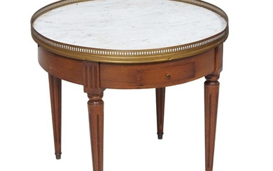 French Louis XVI Style Marble Top Walnut Low Bouillotte Table, 20th c., H.- 20 3/4 in., Dia.- 24 in.