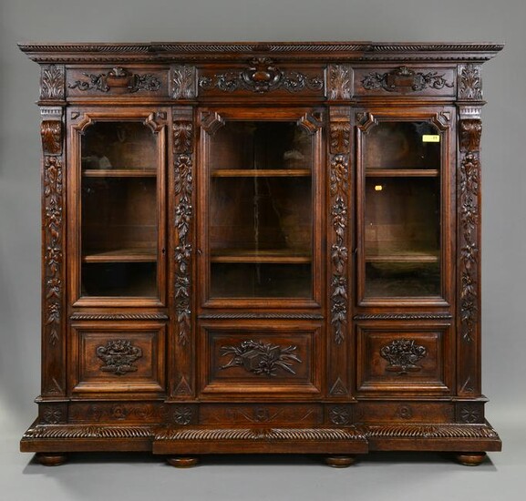 French Style Carved Oak 3 Door Bookcase / Cupboard