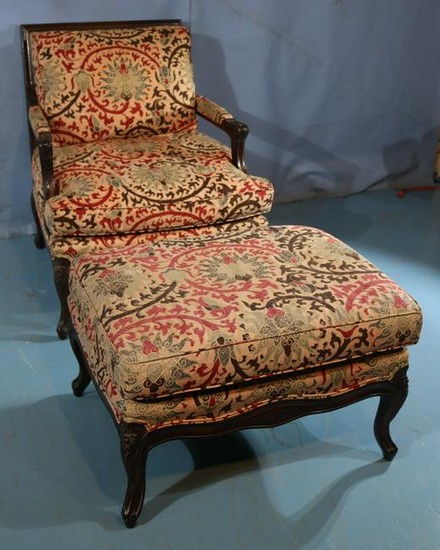 French walnut parlor chair with matching ottoman
