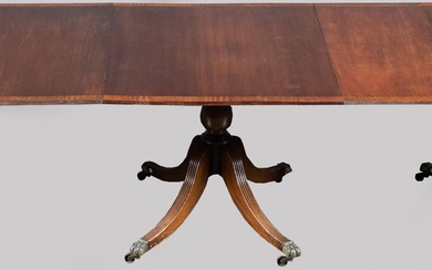GEORGE III STYLE INLAID MAHOGANY THREE-PEDESTAL DINING TABLE 29 x 44 x 99 in. (73.7 x 111.8 x 251.5 cm.)