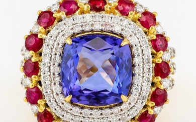 (GIA Certified)-Tanzanite (3.85) Cts -Ruby (1.51) Cts (16) Pcs-Natural Diamond (0.83) Cts (110) - Ring White gold, Yellow gold