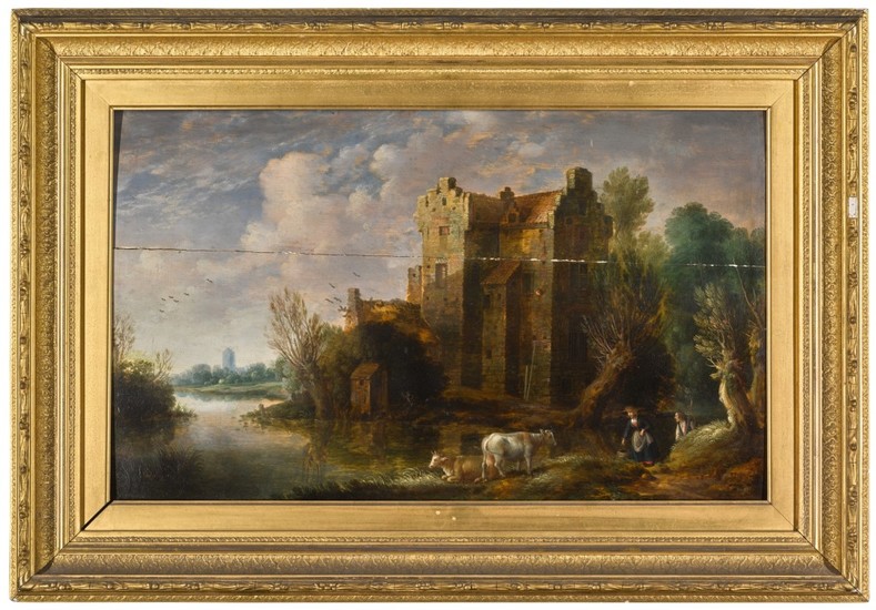 GILLIS PEETERS THE ELDER | A RIVER LANDSCAPE WITH FIGURES AND CATTLE BEFORE A FORTIFIED HOUSE