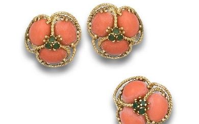 GOLD, CORAL AND EMERALD RING AND EARRINGS SET