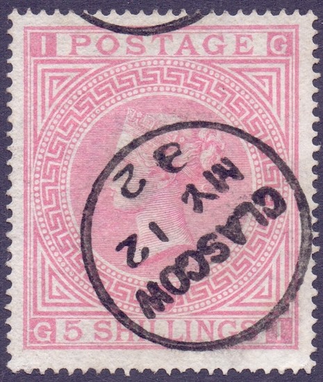 GREAT BRITAIN STAMPS : 1874 5/- Pale Rose plate 2, superb us...