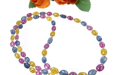 Yellow Blue SAPPHIRE & RUBY Gemstone NECKLACE : 19.17gms Natural Untreated Sapphire Plain Beads Necklace 6*5mm - 8.5*6.5mm 19"
