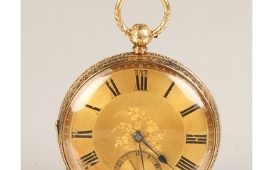 Gents 18ct gold open face pocket watch, engraved dial with r...