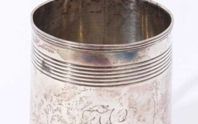 George III silver christening mug of tapered form with ribbed bands and loop handle (London 1803), 5ozs