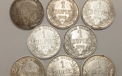 German East Africa. Wilhelm II. (1888-1918). 8 x 1 Rupie Silber, ( verschiedene) 1890-1902