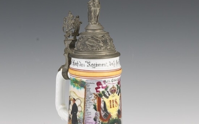 German Pewter and Porcelain Regimental Stein, Infantry Regiment "Prinz Carl" (4th Grand Ducal Hessian) No. 118, ca. 1895-1897