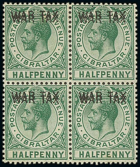 Gibraltar 1918 War Tax ½d. green block of four, variety overprint double, unmounted mint or ve...