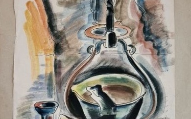 Gio COLUCCI (1892-1974) L'âtre de cheminée Aquarelle sur papier Signée au dos 49 x 38...