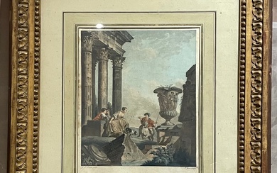 Giovanni Paolo PANNINI (1691-1765) "Vestige d'un Temple de la Grèce" Gravure aquarellée. 33 x 26...