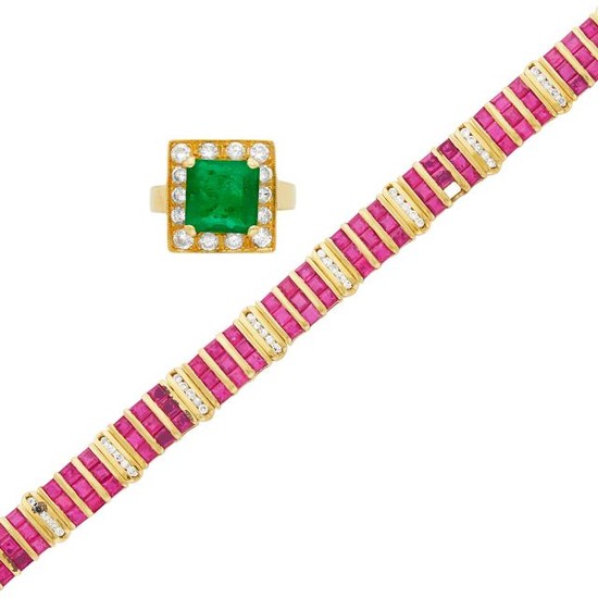 Gold, Ruby and Diamond Bracelet and Emerald and Diamond Ring