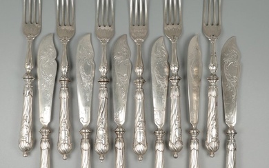 H. Mau (Dresden) / Wilkens & Söhne ca. 1900 - Jugendstil - Fish cutlery set for 6 (12) - .800 silver