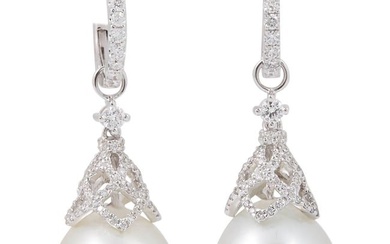 HARBOR D. South Sea Pearls Diamonds White Gold Hoop Dangle Bell Shape Earrings