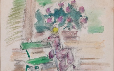 HENRI LEBASQUE, FRENCH 1865-1937, GREEN BENCH - UN APRES-MIDI DANS LE PARC, Watercolor and graphite, Sight: 10 x 11 in. (25.40 x 27.94 cm.), Frame: 19 3/8 x 20 3/8 in. (49.21 x 51.75 cm.)
