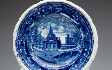 HISTORICAL STAFFORDSHIRE AMERICAN VIEW OF PHILADELPHIA BLUE TRANSFER CUP PLATE.