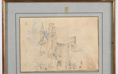 HUET Paul. (1803-1869). « L’église de Jumièges ». Dessin avec le cachet d’atelier. (Quelques taches)....