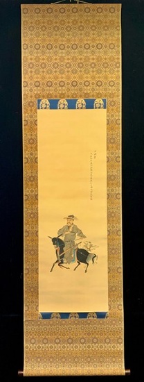 Hanging scroll, Painting - Silk - Tanomura Chikuden 田野村竹田 (1777-1835) - With seal Chikuden 竹田 - Shōki 鍾馗 (Zhong Kui), the Demon Queller riding a donkey, with oni 鬼 (demon) - Japan - 1833 (Tenpō 4)