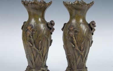 Heingle, Pair of Art Nouveau Patinated Bronze Vases, Signed