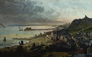 Henry Adlard, British 1824-1869- Hastings; Thames Embankment from Somerset House; The new harbour of refuge at Holyhead; hand-coloured engravings, three, each 27 x 46.3 cm.: B. Lasbury, Windsor Castle from the Great Western Railway; hand-coloured...